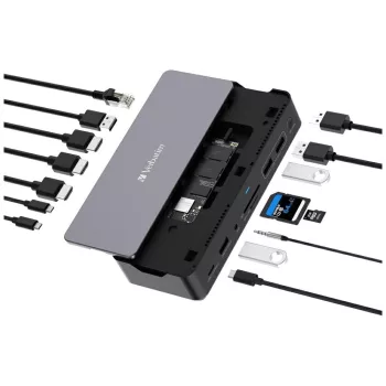   Verbatim USB-C Pro 15w1 2xHDMI/1xRJ45/3xUSB-A/3xUSB-C/1xSD/1xmicroSD/1xAudio/1xDispla<wbr> yPort/1xSSD szürke 32173, USB-HUB
