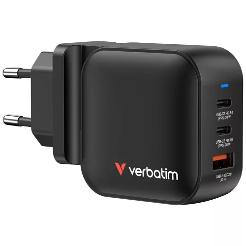 Verbatim hálózati töltő Mini GaN 70W 2xUSB-C PD/1x USB-A QC, fekete 32229