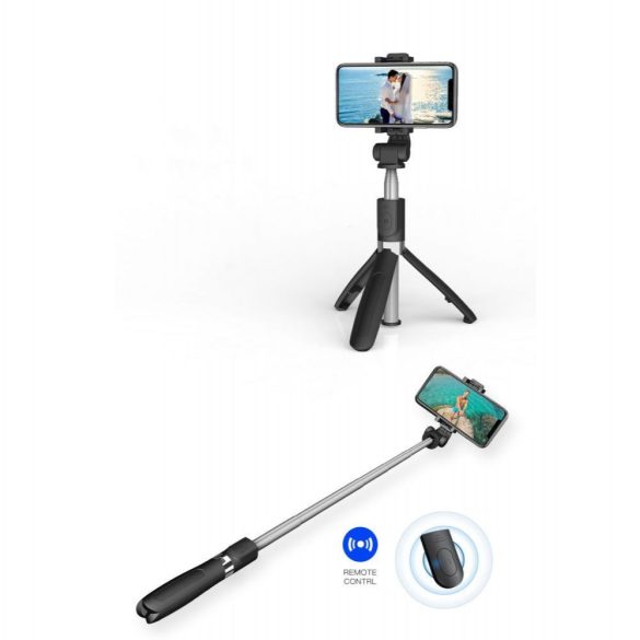 Tech-Protect L01S Bluetooth selfie stick, szelfi bot, háromlábú kitámasztó funkcióval, távirányítóval, fekete