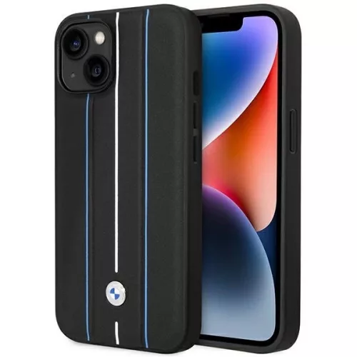 BMW BMHCP14S22RVSK iPhone 14 6.1" tok, fekete hardcase Leather Stamp tok, kék Lines