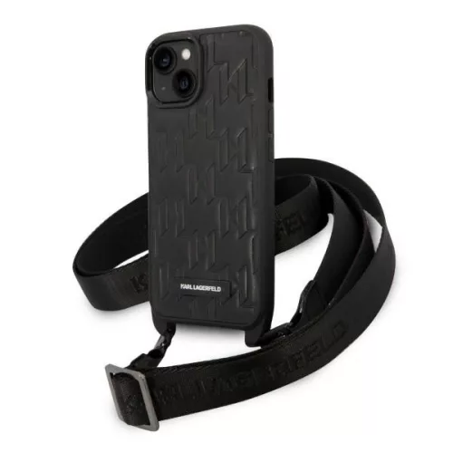 Karl Lagerfeld KLHCP14SSTMMK iPhone 14 6,1" Monogram Plaque Logo Strap tok, fekete