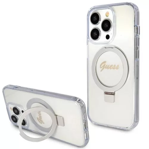 GUESS GUHMP15LHRSGSD iPhone 15 Pro (MagSafe / Glitter Script Logo / Ring stand / tok, átlátszó