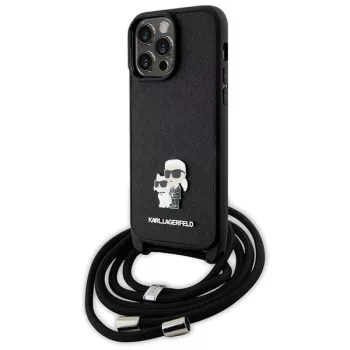   Karl Lagerfeld KLHCP14XSAKCPSK iPhone 14 Pro Max 6.7" Crossbody Saffiano Metal Pin Karl&Choupette tok, fekete