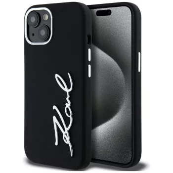   Karl Lagerfeld Silicone Metal Script Logo iPhone 15 tok, fekete