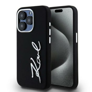   Karl Lagerfeld Silicone Metal Script Logo iPhone 15 Pro Max tok, fekete