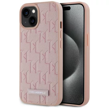   Karl Lagerfeld Leather Monogram  Metal Logo MagSafe iPhone 15 tok, rózsaszín