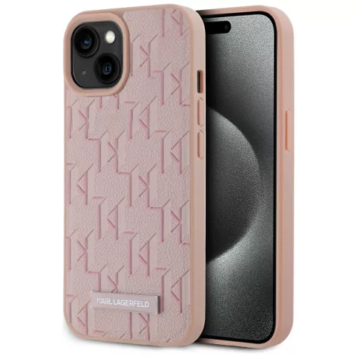Karl Lagerfeld Leather Monogram  Metal Logo MagSafe iPhone 15 tok, rózsaszín