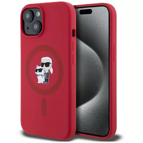 Karl Lagerfeld Silicone Karl&Choupette Heads Ring MagSafe iPhone 15 tok, piros