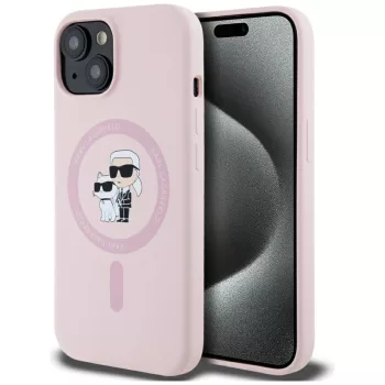   Karl Lagerfeld Silicone Karl&Choupette MagSafe iPhone 15 tok, rózsaszín