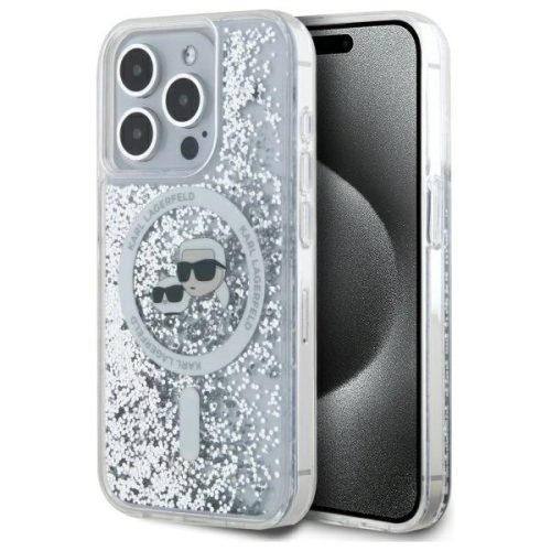 Karl Lagerfeld KLHMP15LLGKCSGH iPhone 15 Pro 6.1" Liquid Glitter Karl&Choupette Head Magsafe tok, átlátszó