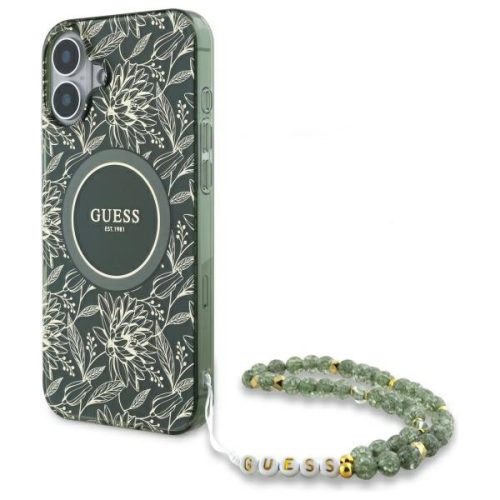 Guess GUHMP16SHCPOFPA iPhone 16 6.1" IML Flowers Allover Electro Pearl Strap MagSafe tok, zöld