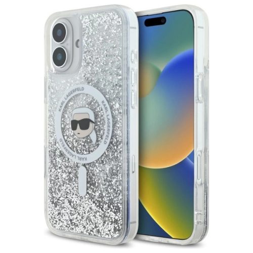 Karl Lagerfeld KLHMP16SLGKISGH iPhone 16, 6.1" Liquid Glitter Karl Head Magsafe tok, átlátszó
