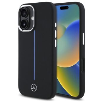   Mercedes MEHMP16S23SUMBK iPhone 16 6.1", tok, fekete Silicone tok, kék Stripe MagSafe
