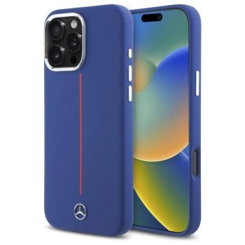   Mercedes MEHMP16X23SUMRV iPhone 16 Pro, Max 6.9" tok, kék hardcase Silicone tok, piros Stripe MagSafe