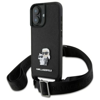   Karl Lagerfeld KLHCP16SSAKCPBK iPhone 16, 6.1" Saffiano Karl&Choupette Metal Pin CBDY Strap tok, fekete