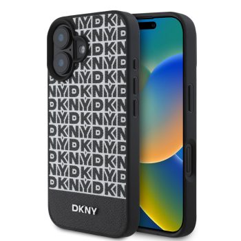   DKNY iPhone 16 Plus PU Leather Repeat Pattern Bottom Stripe (DKHMP16MPSOSPK) MagSafe kompatibilis hátlap, tok, fekete