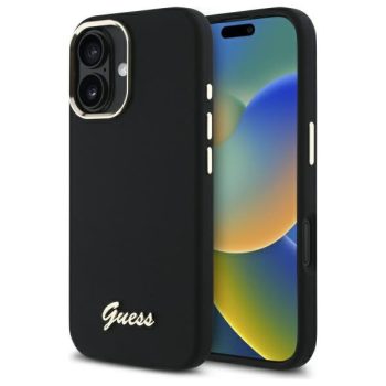   Guess GUHCP16MSMBSLK iPhone 16 Plus 6.7" Hard Silicone Case Script Metal Logo & Frame tok, fekete