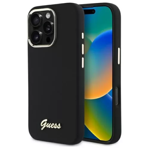 Guess GUHCP16LSMBSLK iPhone 16 Pro 6.3" Hard Silicone Case Script Metal Logo & Frame tok, fekete