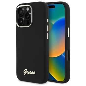   Guess GUHCP16XSMBSLK iPhone 16 Pro Max 6.9" Hard Silicone Case Script Metal Logo & Frame tok, fekete