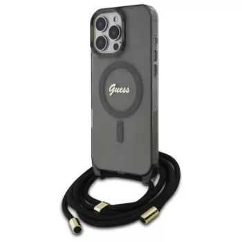   Guess GUHMP16LHCTSGNSK iPhone 16 Pro, 6.3" tok, fekete Crossbody Cord Script MagSafe