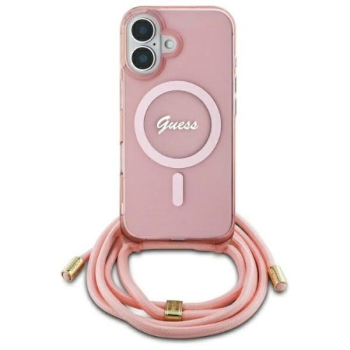 Guess GUHMP16SHCTSGNSP iPhone 16 6.1", Crossbody Cord Script MagSafe tok, rózsaszín