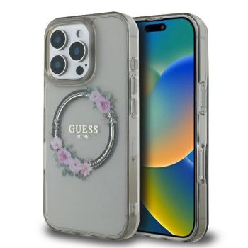   Guess GUHMP16XHFWFCK iPhone 16 Pro Max 6.9" tok, fekete hardcase IML Flowers Wreath MagSafe