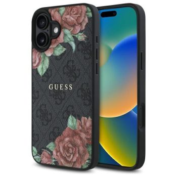   Guess GUHMP16SP4ROPEMCK iPhone 16 6.1" hardcase 4G Flowers Print MagSafe tok, fekete