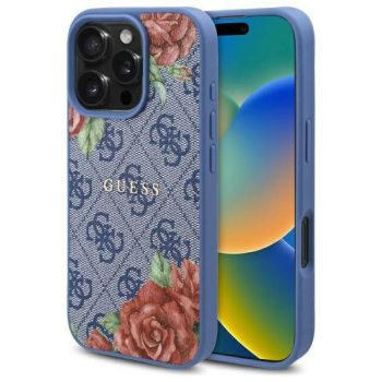   Guess GUHMP16SP4ROPEMCB iPhone 16 6.1" hardcase 4G Flowers Print MagSafe tok, kék
