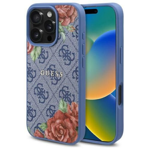 Guess GUHMP16SP4ROPEMCB iPhone 16 6.1" hardcase 4G Flowers Print MagSafe tok, kék