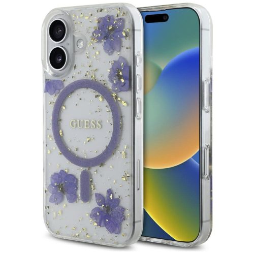 Guess Resin Flowers Glitter MagSafe iPhone 16 tok, lila