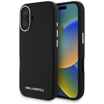   Karl Lagerfeld Saffiano Full Wrapped Elongated Metal Logo MagSafe iPhone 16 tok, fekete