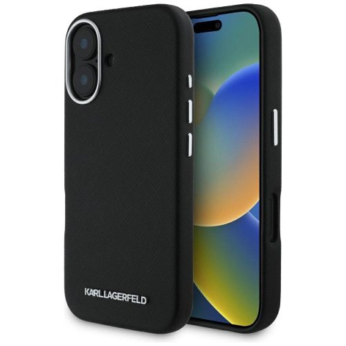Karl Lagerfeld Saffiano Full Wrapped Elongated Metal Logo MagSafe iPhone 16 tok, fekete