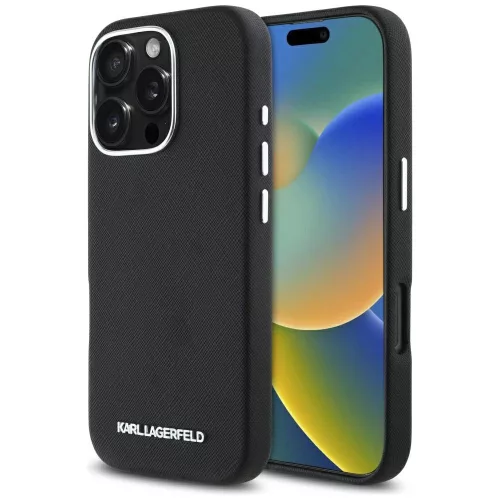 Karl Lagerfeld Saffiano Full Wrapped Elongated Metal Logo MagSafe iPhone 16 Pro tok, fekete