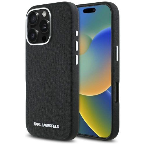Karl Lagerfeld Saffiano Full Wrapped Elongated Metal Logo MagSafe iPhone 16 Pro Max tok, fekete