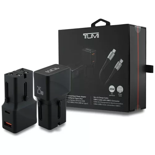 TUMI Power Charger utazó hálózati töltő 25W USB-C / USB-A + kábel USB-C/USB-C, fekete