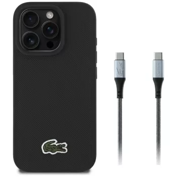   Lacoste Set 2in1 tok + USB-C kábe Iconic Petit Pique Woven MagSafe iPhone 16 Pro Max tok, fekete