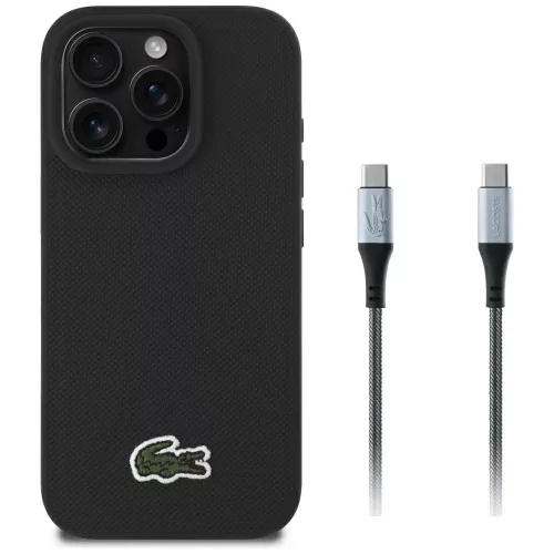 Lacoste Set 2in1 tok + USB-C kábe Iconic Petit Pique Woven MagSafe iPhone 16 Pro Max tok, fekete