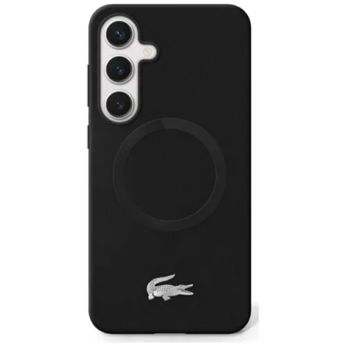 Lacoste Silicone Microfiber W/ Silver Croc Logo MagSafe Samsung Galaxy S25 tok, fekete