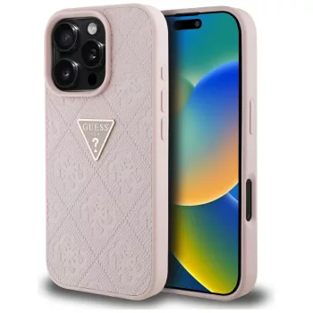   Guess Hardcase PU Grained Hot Stamp 4G Triangle Metal Case iPhone 16 Pro 6,3" tok, rózsaszín