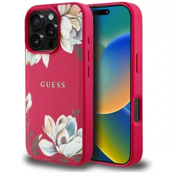   GUESS iPhone 16 Pro MagSafe GUHMP16LPGNMPLMF (PU Grained Flowers Classic Logo) fuschia