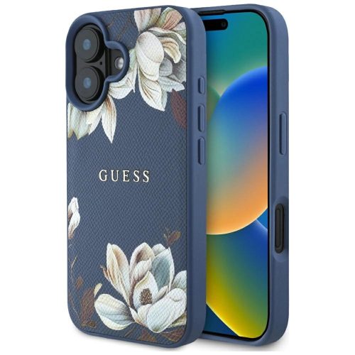 GUESS iPhone 16 MagSafe GUHMP16SPGNMPLMB (PU Grained Flowers Classic Logo) tok, kék