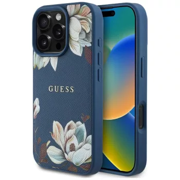   GUESS iPhone 16 Pro MagSafe GUHMP16LPGNMPLMB (PU Grained Flowers Classic Logo) tok, kék