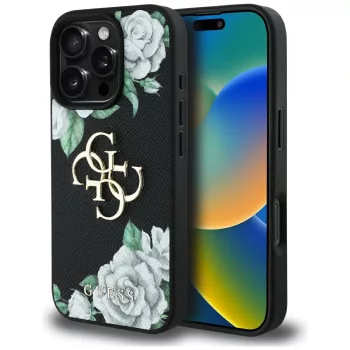   Guess Grained tok, rózsaszíns Big 4G logo iPhone 16 Pro Max tok, fekete