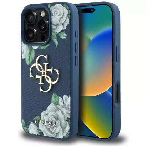 Guess Grained tok, rózsaszíns Big 4G logo iPhone 16 Pro Max tok, kék