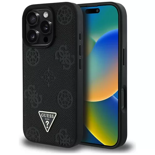 Guess Grained Hot Stamp Peony  Triangle Logo MagSafe iPhone 16 Pro tok, fekete