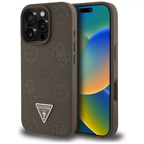 Guess Grained Hot Stamp Peony  Triangle Logo MagSafe iPhone 16 Pro Max tok, barna