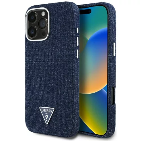 Guess Denim Triangle Logo MagSafe iPhone 16 Pro Max tok, kék
