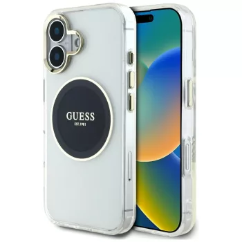   Guess IML Metal Colotok, piros Circle Classic Logo MagSafe iPhone 16 tok, fekete