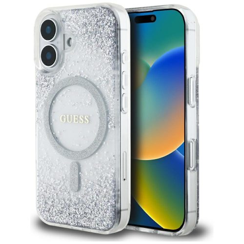 Guess HC Resin Bottom Glitter iPhone 16 MagSafe tok, ezüst