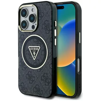   Guess IML Metal Glitter 4G Circle Triangle MagSafe iPhone 16 Pro tok, fekete
